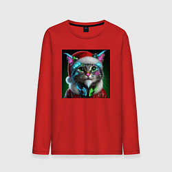 Лонгслив хлопковый мужской Новогодний кибер котик - нейроарт, цвет: красный