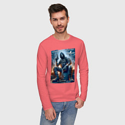 Лонгслив хлопковый мужской One shot one kill no luck just skill - motto, цвет: коралловый — фото 2