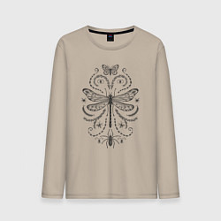 Лонгслив хлопковый мужской Стрекоза паук и бабочка, цвет: миндальный