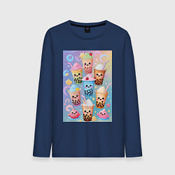Лонгслив хлопковый мужской Улыбающиеся яркие разноцветные стаканчики с bubble, цвет: тёмно-синий