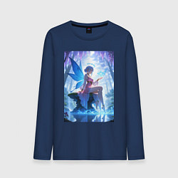 Лонгслив хлопковый мужской Прекрасная фея посреди лесного пруда, цвет: тёмно-синий