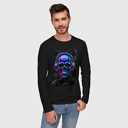 Лонгслив хлопковый мужской Неоновый череп в наушниках, цвет: черный — фото 2