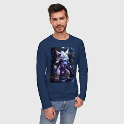 Лонгслив хлопковый мужской Киборг лиса с неоновой подсветкой, цвет: тёмно-синий — фото 2