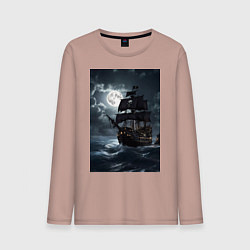 Лонгслив хлопковый мужской Пиратский корабль в шторм, цвет: пыльно-розовый