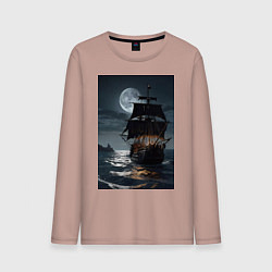 Лонгслив хлопковый мужской Пиратский корабль в шторм, цвет: пыльно-розовый