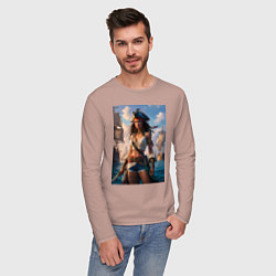 Лонгслив хлопковый мужской Пиратка на фона флотилии кораблей, цвет: пыльно-розовый — фото 2