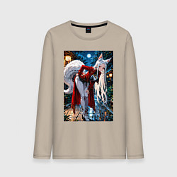 Лонгслив хлопковый мужской Белоснежная лиса лунной ночью, цвет: миндальный
