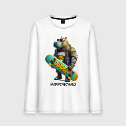 Лонгслив хлопковый мужской Cyber hippo with a longboard, цвет: белый