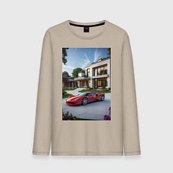 Мужской лонгслив Красный суперкар у дома