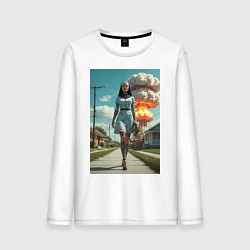 Лонгслив хлопковый мужской Девушка в костюме монашки уходит от взрыва, цвет: белый