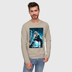 Лонгслив хлопковый мужской Эпичная стойка Черной кошки, цвет: миндальный — фото 2