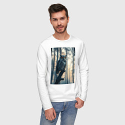 Лонгслив хлопковый мужской Сова в ночном лесу, цвет: белый — фото 2