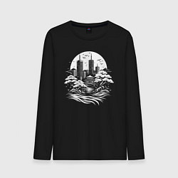 Лонгслив хлопковый мужской Лунный японский город, цвет: черный