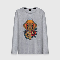 Лонгслив хлопковый мужской Слон на фоне солнца с розами в стиле тату, цвет: меланж