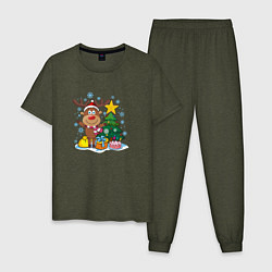 Пижама хлопковая мужская Олень под елкой, цвет: меланж-хаки