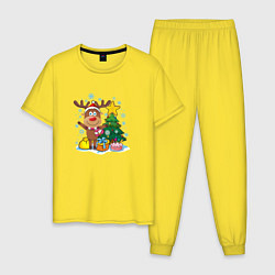 Пижама хлопковая мужская Олень под елкой цвета желтый — фото 1