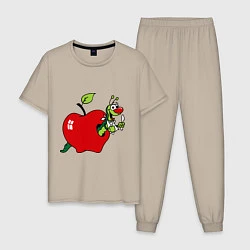 Пижама хлопковая мужская Яблочко с червячком, цвет: миндальный
