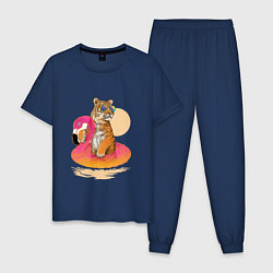 Пижама хлопковая мужская Тигр на фламинго, цвет: тёмно-синий