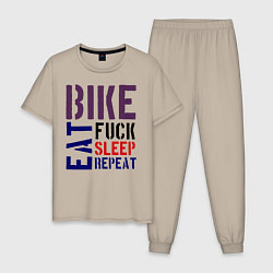 Пижама хлопковая мужская Bike eat sleep repeat, цвет: миндальный