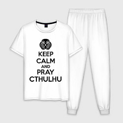Пижама хлопковая мужская Keep Calm & Pray Cthulhu, цвет: белый