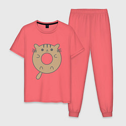Пижама хлопковая мужская Котик - пончик, цвет: коралловый