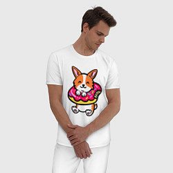 Пижама хлопковая мужская Милый корги в пончике, цвет: белый — фото 2