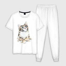 Пижама хлопковая мужская Котенок с ромашками, цвет: белый