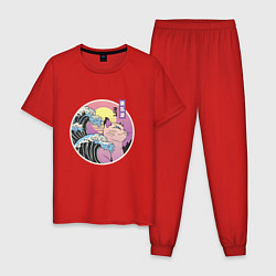 Пижама хлопковая мужская Vaporwave Sunset Кот Самурай, цвет: красный