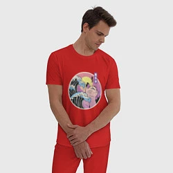 Пижама хлопковая мужская Vaporwave Sunset Кот Самурай, цвет: красный — фото 2