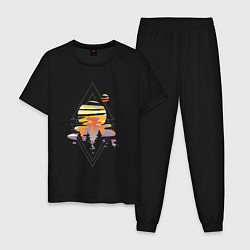 Пижама хлопковая мужская Космический пейзаж с планетами, цвет: черный