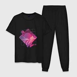Пижама хлопковая мужская Пейзаж в стиле Retrowave, цвет: черный