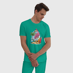 Пижама хлопковая мужская Фламинго на пляже, цвет: зеленый — фото 2