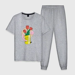 Пижама хлопковая мужская Абстракция тюльпаны в банке, цвет: меланж