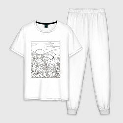 Пижама хлопковая мужская Пейзаж с холмами и цветами, цвет: белый