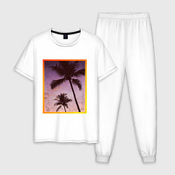 Пижама хлопковая мужская Пальмы закат рамка, цвет: белый