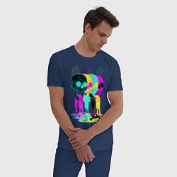 Пижама хлопковая мужская 4 ЧЕРЕПА SKULLS NEON, цвет: тёмно-синий — фото 2