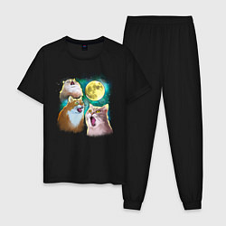 Пижама хлопковая мужская Котики воют на Луну, цвет: черный
