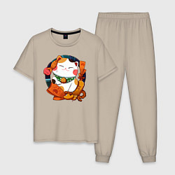 Пижама хлопковая мужская Кот изобилия, цвет: миндальный
