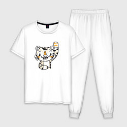Пижама хлопковая мужская Тигренок машет лапкой, цвет: белый