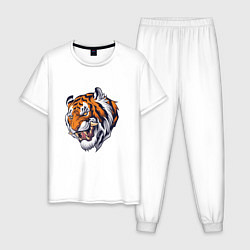 Пижама хлопковая мужская Голова саблезубого тигра, цвет: белый