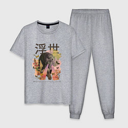 Пижама хлопковая мужская Японский тигр в стиле Укиё Э Акварельный арт, цвет: меланж