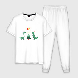 Пижама хлопковая мужская Динозаврики и елка, цвет: белый