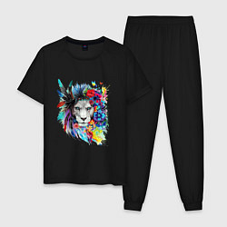 Пижама хлопковая мужская Лев в цветах и перьях, цвет: черный