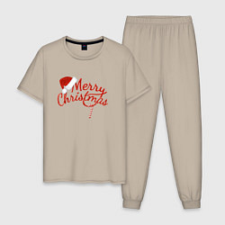 Пижама хлопковая мужская Надпись Merry Christmas Новый Год, цвет: миндальный