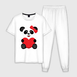 Пижама хлопковая мужская Панда с сердцем на прозрачном фоне, цвет: белый