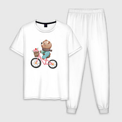 Пижама хлопковая мужская Медведь с цветами на велосипеде, цвет: белый