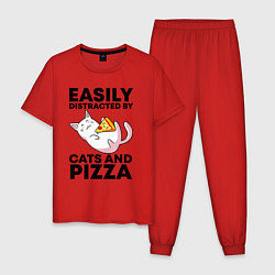 Пижама хлопковая мужская Легко отвлекаюсь на котов и пиццу, цвет: красный