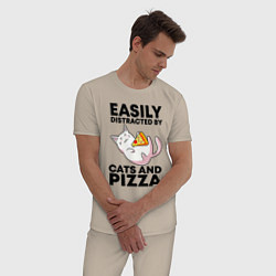 Пижама хлопковая мужская Легко отвлекаюсь на котов и пиццу, цвет: миндальный — фото 2