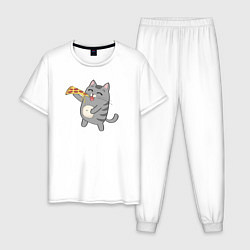 Пижама хлопковая мужская Кот с кусочком пиццы, цвет: белый
