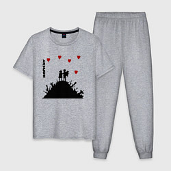 Пижама хлопковая мужская Banksy Бэнкси мальчик и девочка на горе оружия, цвет: меланж